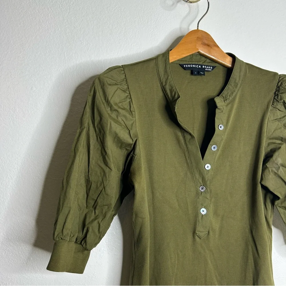 Veronica Beard Coralee High Volume Poplin Puff Sleeve Pima Cotton Green Top S